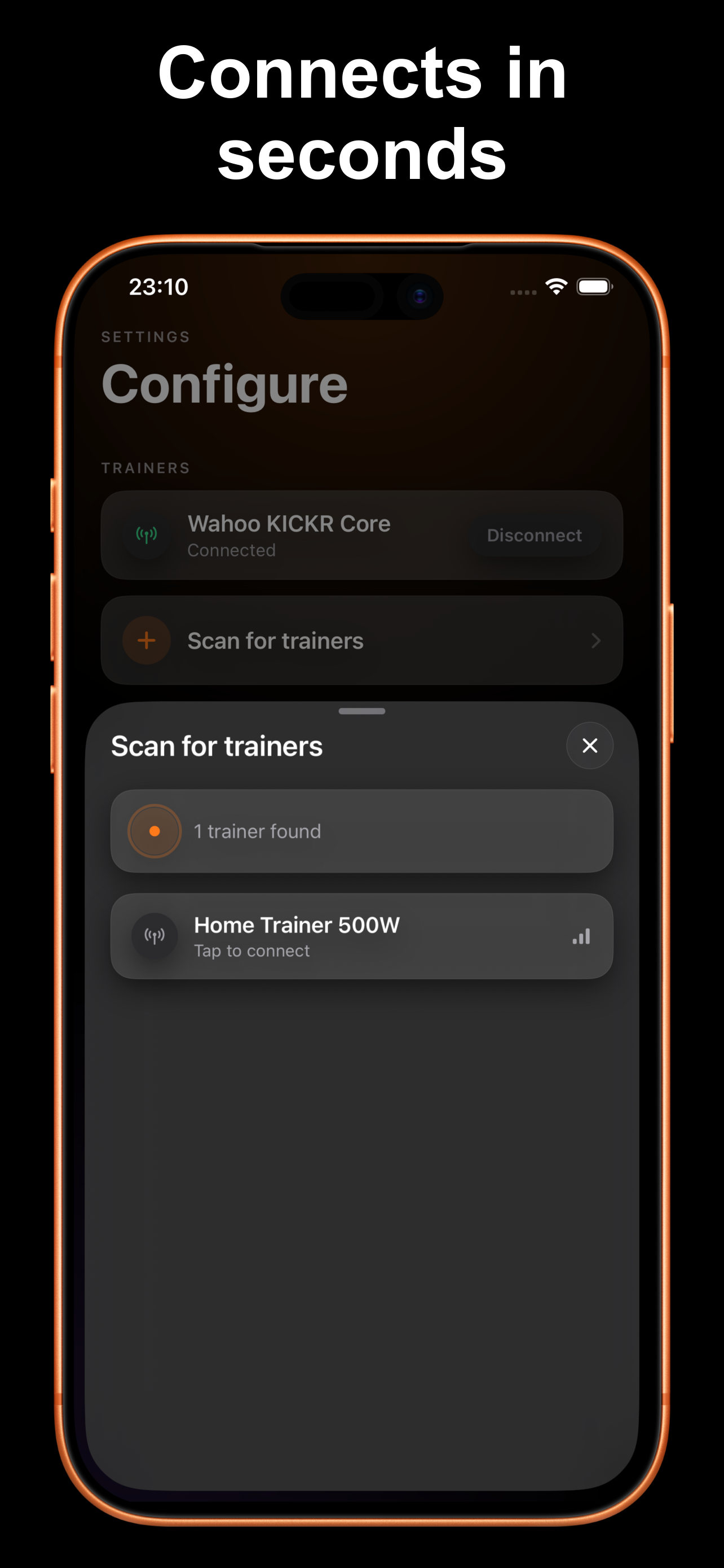 WattBird: connects in seconds — trainer connection screen
